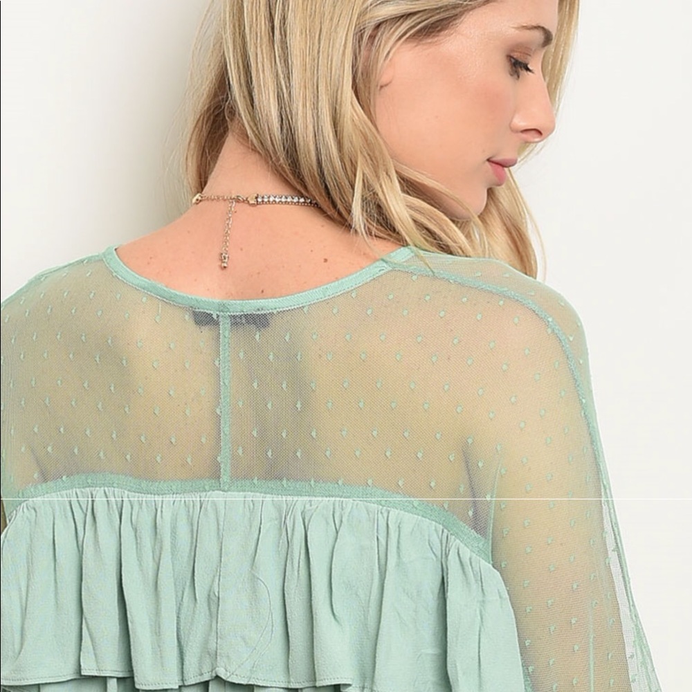 ❌DONATED❌Sage Green Mesh Swiss Dot Ruffle Detail Top - Picture 3 of 9